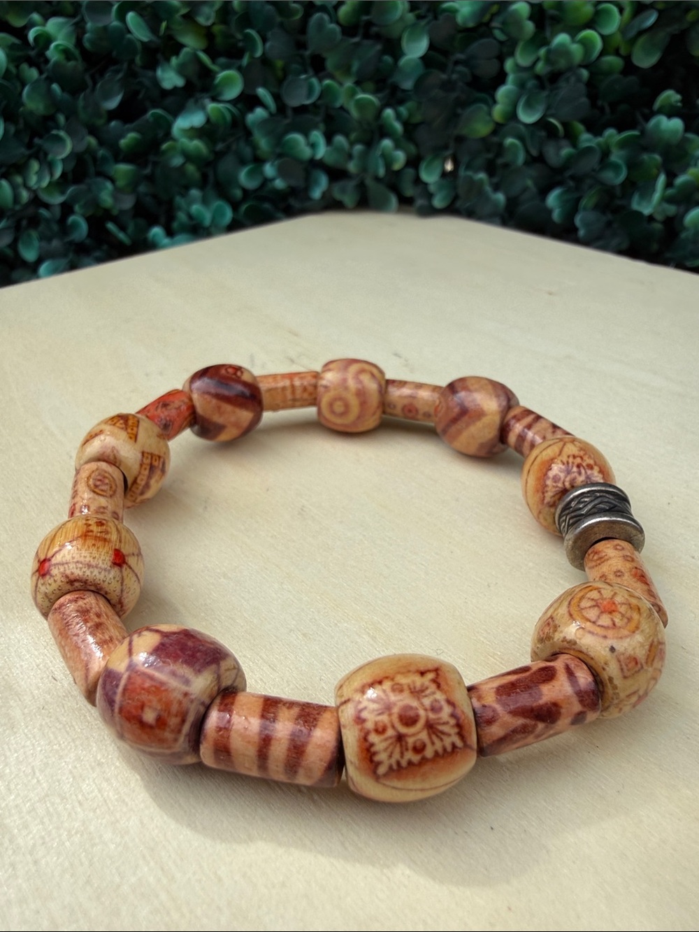 Hand Crafted Brown and Cream Carved Wooden Beaded Bracelet